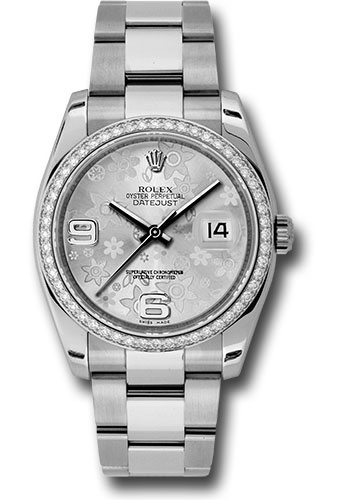 Rolex Steel and White Gold Datejust 36 Watch - 52 Diamond Bezel - Silver Floral Arabic Dial - Oyster Bracelet