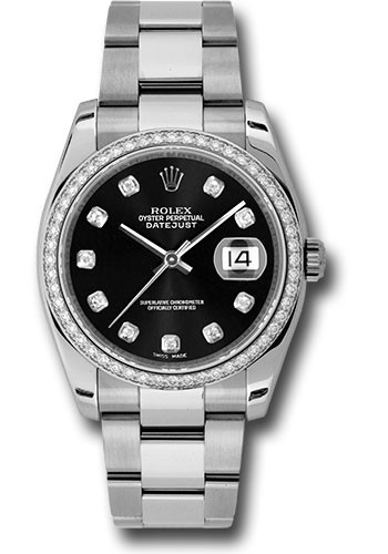 Rolex Steel and White Gold Datejust 36 Watch - 52 Diamond Bezel - Black Diamond Dial - Oyster Bracelet