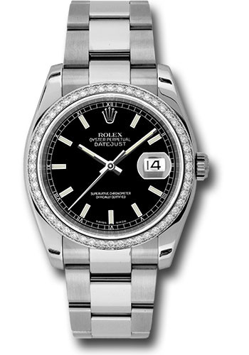 Rolex Steel and White Gold Datejust 36 Watch - 52 Diamond Bezel - Black Index Dial - Oyster Bracelet