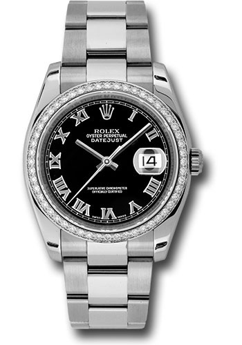 Rolex Steel and White Gold Datejust 36 Watch - 52 Diamond Bezel - Black Roman Dial - Oyster Bracelet