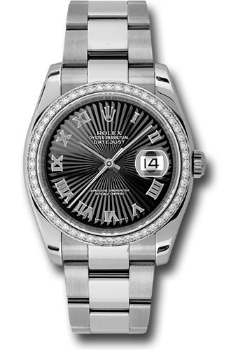 Rolex Steel and White Gold Datejust 36 Watch - 52 Diamond Bezel - Black Sunbeam Roman Dial - Oyster Bracelet