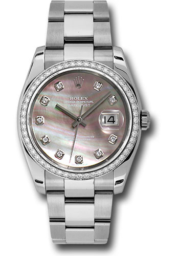 Rolex Steel and White Gold Datejust 36 Watch - 52 Diamond Bezel - Dark Mother-Of-Pearl Diamond Dial - Oyster Bracelet