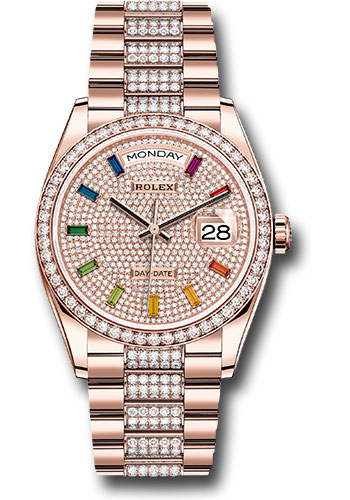 Rolex Everose Gold Day-Date 36 Watch - Diamond Bezel - Diamond-Paved Rainbow Sapphire Dial - Diamond President Bracelet