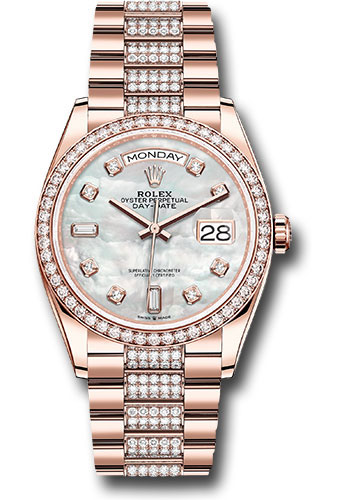 Rolex Everose Gold Day-Date 36 Watch - Diamond Bezel - White Mother-Of-Pearl Diamond Dial - Diamond President Bracelet