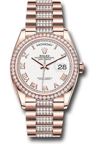 Rolex Everose Gold Day-Date 36 Watch - Diamond Bezel - White Roman Dial - Diamond President Bracelet