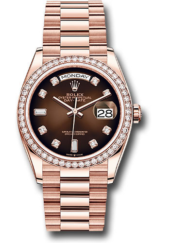 Rolex Everose Gold Day-Date 36 Watch - Diamond Bezel - Brown Ombre´ Diamond Dial - President Bracelet