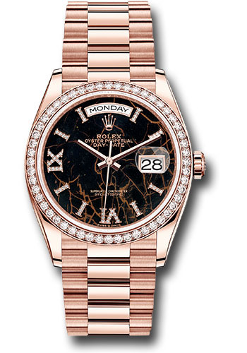Rolex Everose Gold Day-Date 36 Watch - Diamond Bezel - Eisenkiesel Diamond Index Roman 9 Dial - President Bracelet