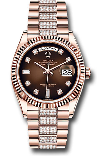Rolex Everose Gold Day-Date 36 Watch - Fluted Bezel - Brown Ombré Diamond Dial - Diamond President Bracelet