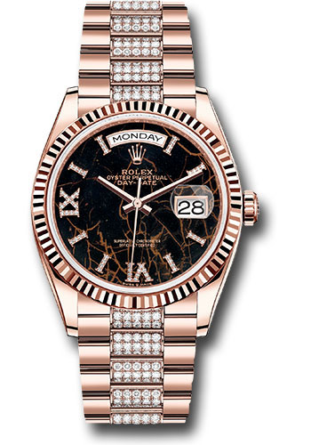 Rolex Everose Gold Day-Date 36 Watch - Fluted Bezel - Eisenkiesel Diamond Index Roman 9 Dial - Diamond President Bracelet