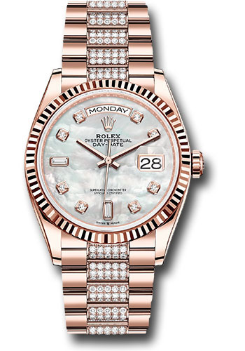 Rolex Everose Gold Day-Date 36 Watch - Fluted Bezel - White Mother-Of-Pearl Diamond Dial - Diamond President Bracelet