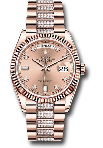 Rolex Everose Gold Day-Date 36 Watch - Fluted Bezel - Rosé Diamond Dial - Diamond President Bracelet