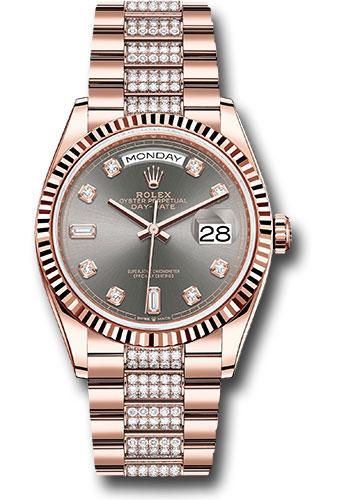 Rolex Everose Gold Day-Date 36 Watch - Fluted Bezel - Slate Diamond Dial - Diamond President Bracelet