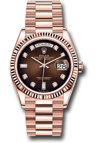 Rolex Everose Gold Day-Date 36 Watch - Fluted Bezel - Brown Ombre´ Diamond Dial - President Bracelet