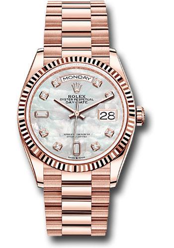 Rolex Everose Gold Day-Date 36 Watch - Fluted Bezel - Mother-of-Pearl Diamond Dial - President Bracelet