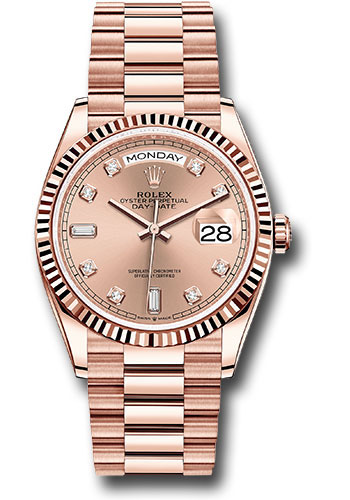 Rolex Everose Gold Day-Date 36 Watch - Fluted Bezel - Rosé Diamond Dial - President Bracelet
