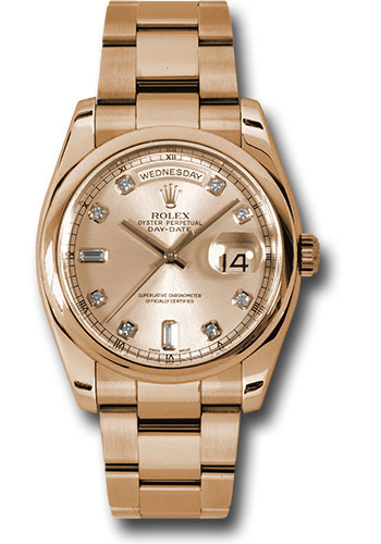Rolex Pink Gold Day-Date 36 Watch - Domed Bezel - Pink Champagne Diamond Dial - Oyster Bracelet