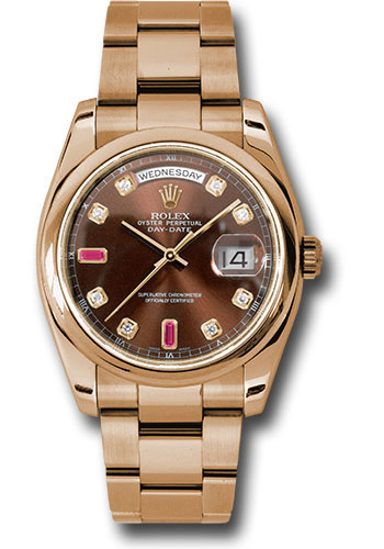 Rolex Everose Gold Day-Date 36 Watch - Domed Bezel - Chocolate Diamond And Ruby Dial - Oyster Bracelet