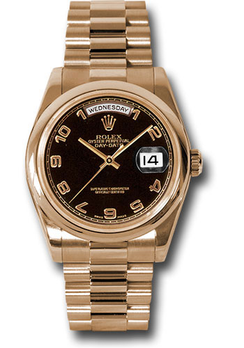 Rolex Pink Gold Day-Date 36 Watch - Domed Bezel - Black Arabic Dial - President Bracelet