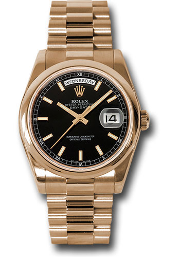 Rolex Pink Gold Day-Date 36 Watch - Domed Bezel - Black Index Dial - President Bracelet