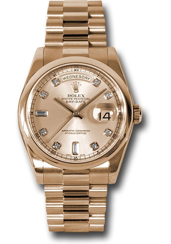 Rolex Pink Gold Day-Date 36 Watch - Domed Bezel - Pink Champagne Diamond Dial - President Bracelet