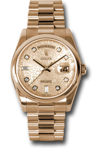Rolex Pink Gold Day-Date 36 Watch - Domed Bezel - Pink Champagne Jubilee Diamond Dial - President Bracelet