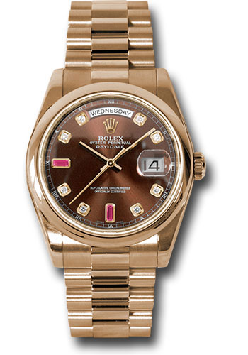 Rolex Everose Gold Day-Date 36 Watch - Domed Bezel - Chocolate Diamond And Ruby Dial - President Bracelet