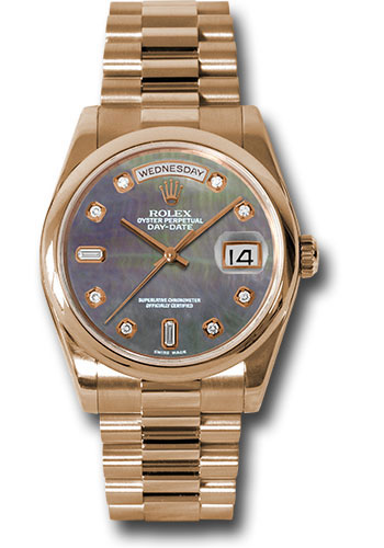Rolex Pink Gold Day-Date 36 Watch - Domed Bezel - Dark Mother-Of-Pearl Diamond Dial - President Bracelet