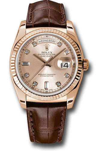 Rolex Everose Gold Day-Date 36 Watch - Fluted Bezel - Pink Diamond Dial - Brown Leather