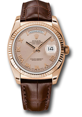 Rolex Everose Gold Day-Date 36 Watch - Fluted Bezel - Pink Roman Dial - Brown Leather