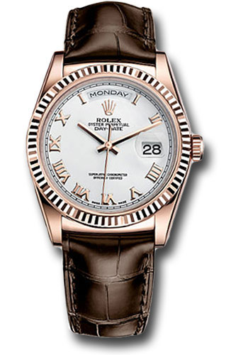 Rolex Everose Gold Day-Date 36 Watch - Fluted Bezel - White Roman Dial - Brown Leather