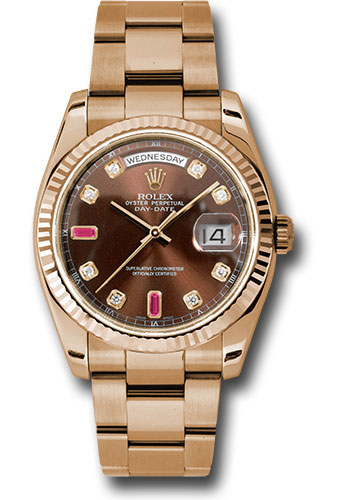 Rolex Everose Gold Day-Date 36 Watch - Fluted Bezel - Chocolate Diamond And Ruby Dial - Oyster Bracelet