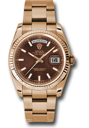 Rolex Everose Gold Day-Date 36 Watch - Fluted Bezel - Chocolate Index Dial - Oyster Bracelet