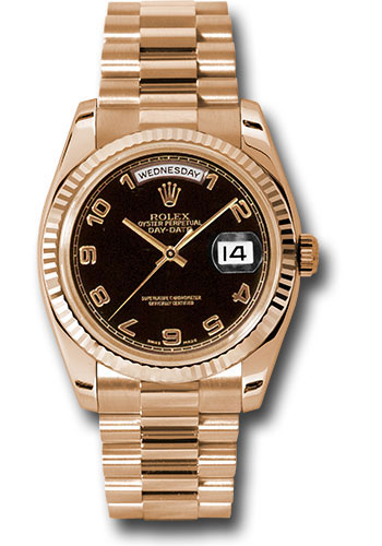 Rolex Pink Gold Day-Date 36 Watch - Fluted Bezel - Black Arabic Dial - President Bracelet
