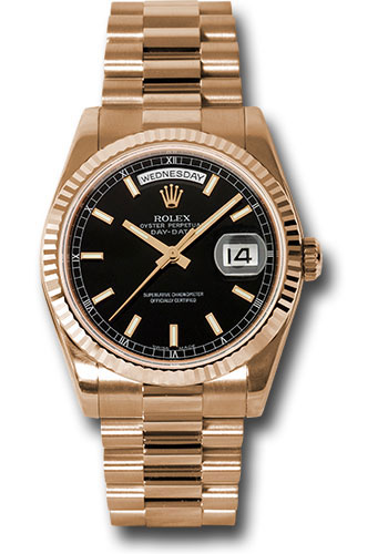 olex Pink Gold Day-Date 36 Watch - Fluted Bezel - Black Index Dial - President Bracelet