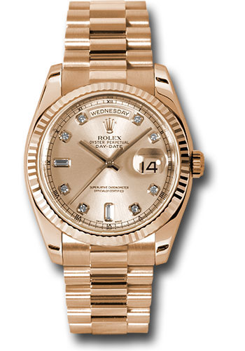 Rolex Pink Gold Day-Date 36 Watch - Fluted Bezel - Pink Champagne Diamond Dial - President Bracelet