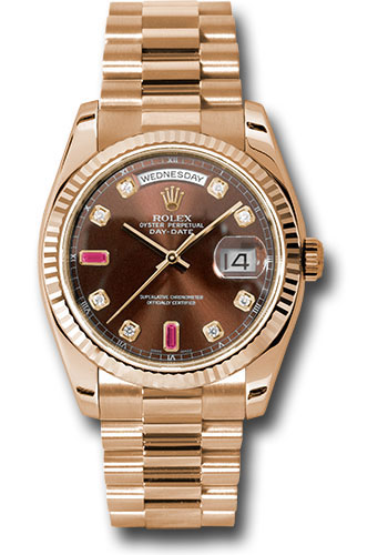 Rolex Everose Gold Day-Date 36 Watch - Fluted Bezel - Chocolate Diamond And Ruby Dial - President Bracelet