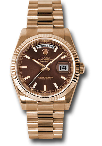 Rolex Everose Gold Day-Date 36 Watch - Fluted Bezel - Chocolate Index Dial - President Bracelet