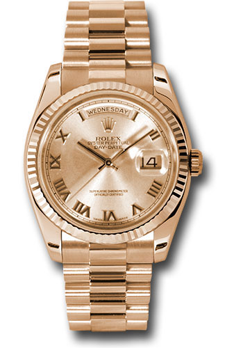 Rolex Pink Gold Day-Date 36 Watch - Fluted Bezel - Champagne Roman Dial - President Bracelet
