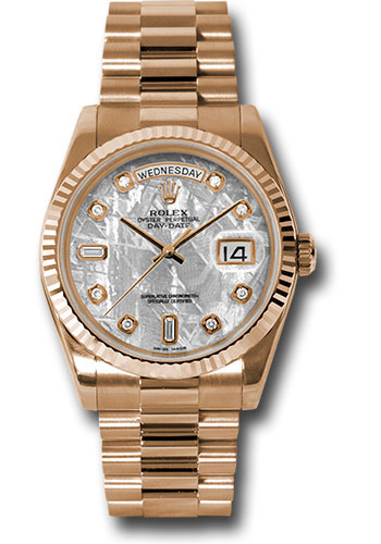Rolex Pink Gold Day-Date 36 Watch - Fluted Bezel - Meteorite Diamond Dial - President Bracelet