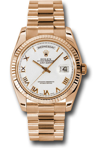 Rolex Pink Gold Day-Date 36 Watch - Fluted Bezel - White Roman Dial - President Bracelet