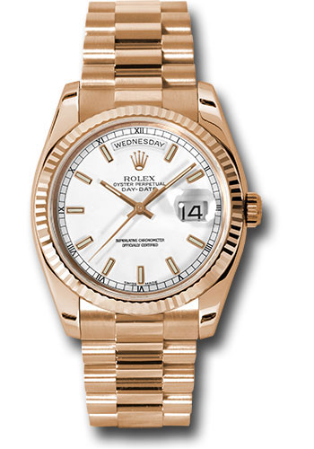 Rolex Pink Gold Day-Date 36 Watch - Fluted Bezel - White Index Dial - President Bracelet