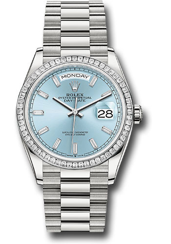 Rolex Platinum Day-Date 36 Watch - Diamond Bezel - Ice Blue Dial - President Bracelet