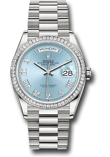 Rolex Platinum Day-Date 36 Watch - Diamond Bezel - Ice Blue Roman Dial - President Bracelet