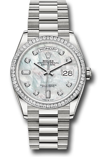 Rolex Platinum Day-Date 36 Watch - Diamond Bezel - White Mother-Of-Pearl Diamond Dial - President Bracelet