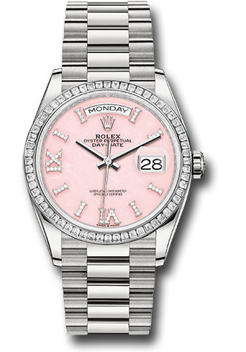 Rolex Platinum Day-Date 36 Watch - Diamond Bezel - Pink Opal Diamond Index Roman 9 Dial - President Bracelet
