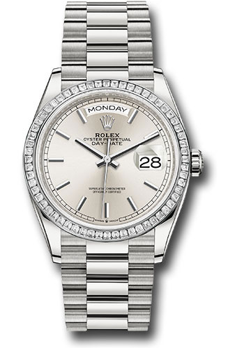 Rolex Platinum Day-Date 36 Watch - Diamond Bezel - Silver Index Dial - President Bracelet