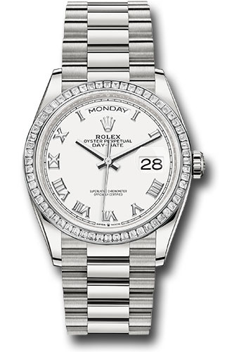 Rolex Platinum Day-Date 36 Watch - Diamond Bezel - White Roman Dial - President Bracelet