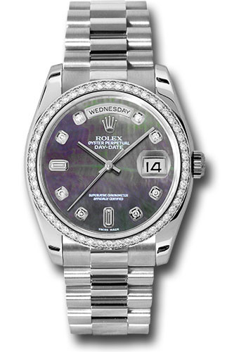 Rolex Platinum Day-Date 36 Watch - Bezel - Dark Mother-Of-Pearl Diamond Dial - President Bracelet