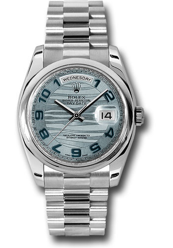 Rolex Platinum Day-Date 36 Watch - Domed Bezel - Ice Blue Wave Arabic Dial - President Bracelet