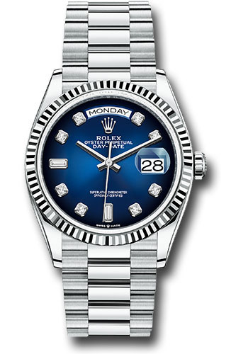 Rolex Platinum Day-Date 36 Watch - Fluted Bezel - Blue Ombré Diamond Dial - President Bracelet
